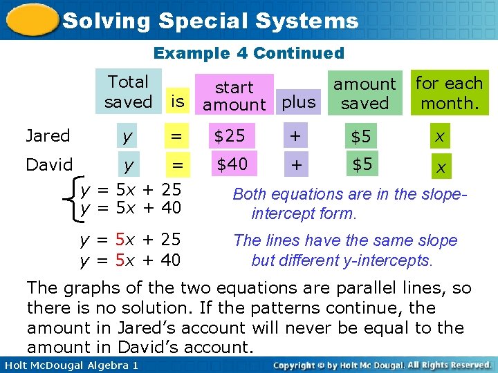 Solving Special Systems Example 4 Continued Jared David Total saved is y = $25 Solving Special Systems Example 4 Continued Jared David Total saved is y = $25
