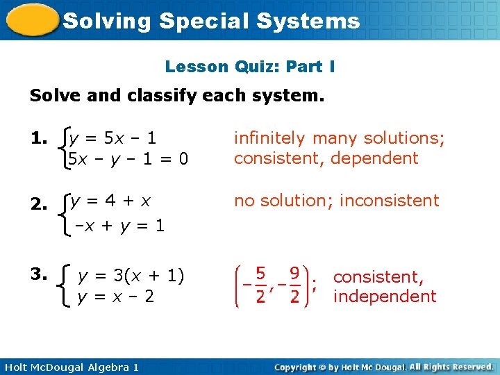 Solving Special Systems Lesson Quiz: Part I Solve and classify each system. 1. y Solving Special Systems Lesson Quiz: Part I Solve and classify each system. 1. y