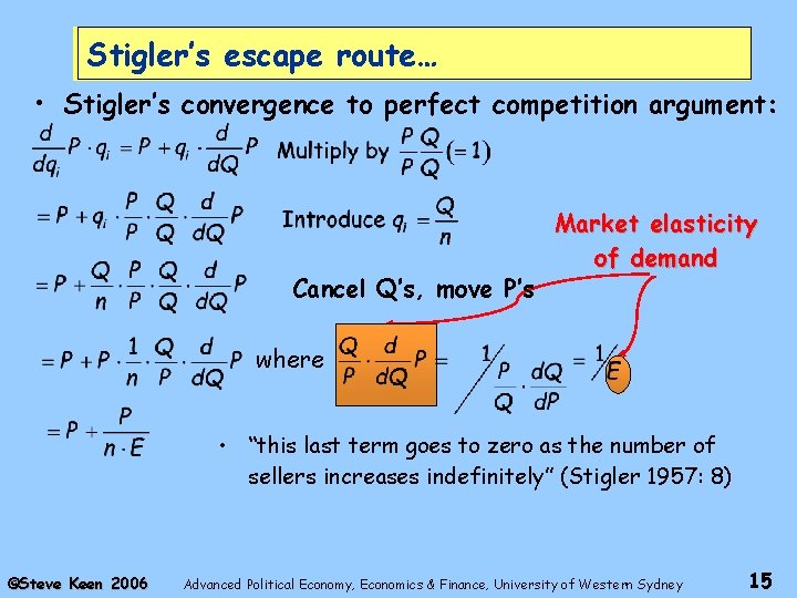 Stigler’s escape route… • Stigler’s convergence to perfect competition argument: Cancel Q’s, move P’s