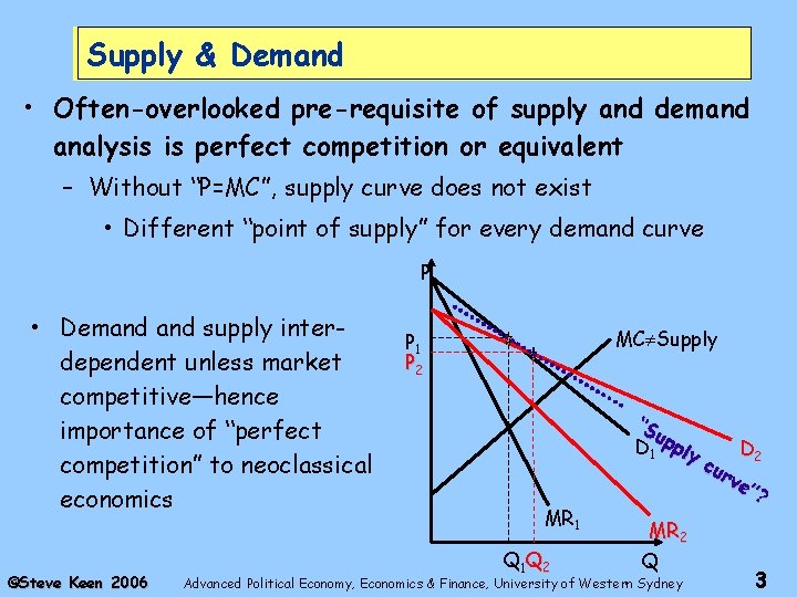 Supply & Demand • Often-overlooked pre-requisite of supply and demand analysis is perfect competition