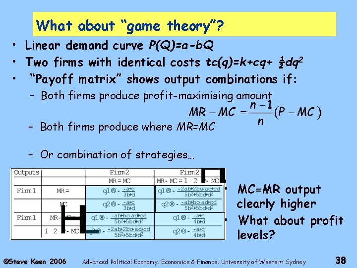 What about “game theory”? • Linear demand curve P(Q)=a-b. Q • Two firms with