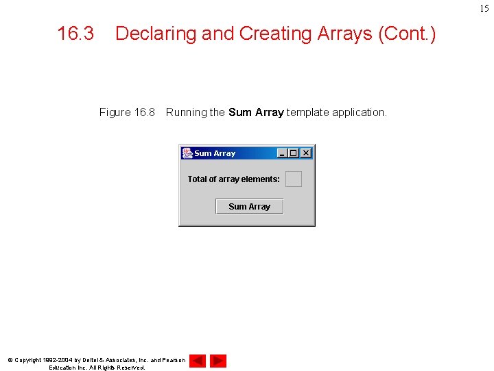 15 16. 3 Declaring and Creating Arrays (Cont. ) Figure 16. 8　Running the Sum