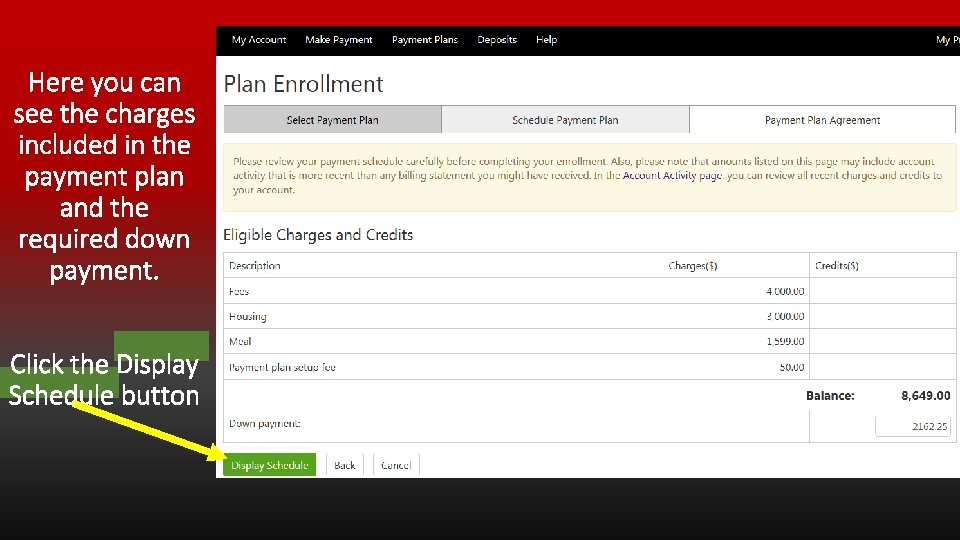 Here you can see the charges included in the payment plan and the required