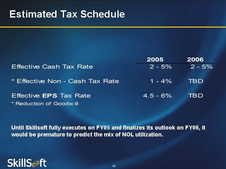 Estimated Tax Schedule Until Skillsoft fully executes on FY 05 and finalizes its outlook