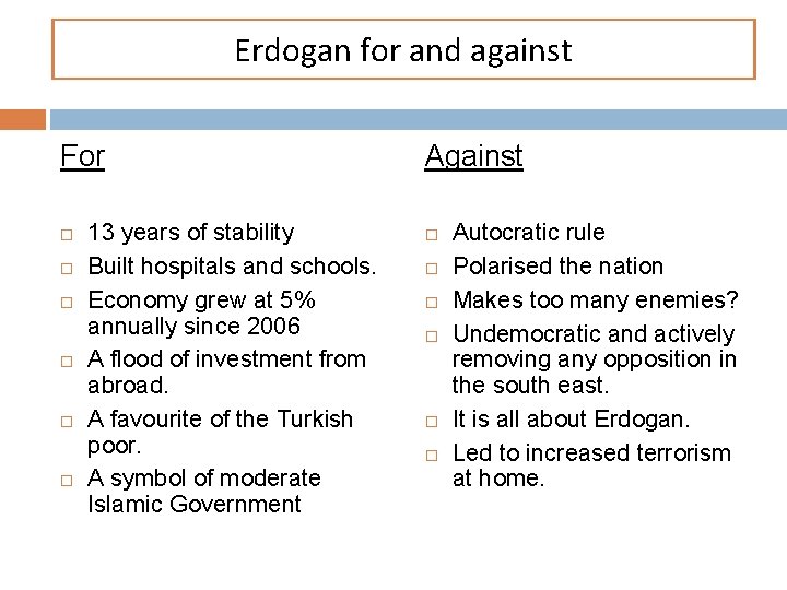 Erdogan for and against For 13 years of stability Built hospitals and schools. Economy