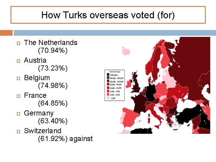 How Turks overseas voted (for) The Netherlands (70. 94%) Austria (73. 23%) Belgium (74.