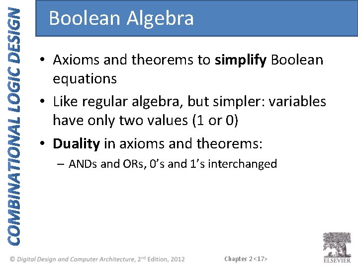 Boolean Algebra • Axioms and theorems to simplify Boolean equations • Like regular algebra,