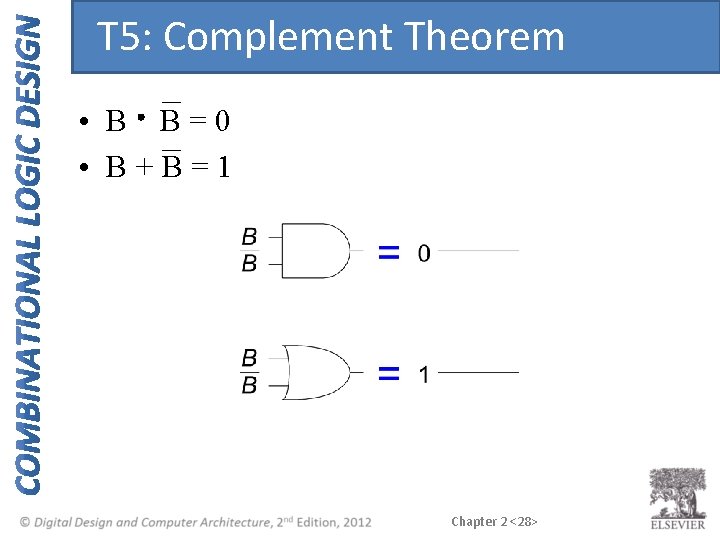 T 5: Complement Theorem • B B=0 • B+B=1 Chapter 2 <28> 