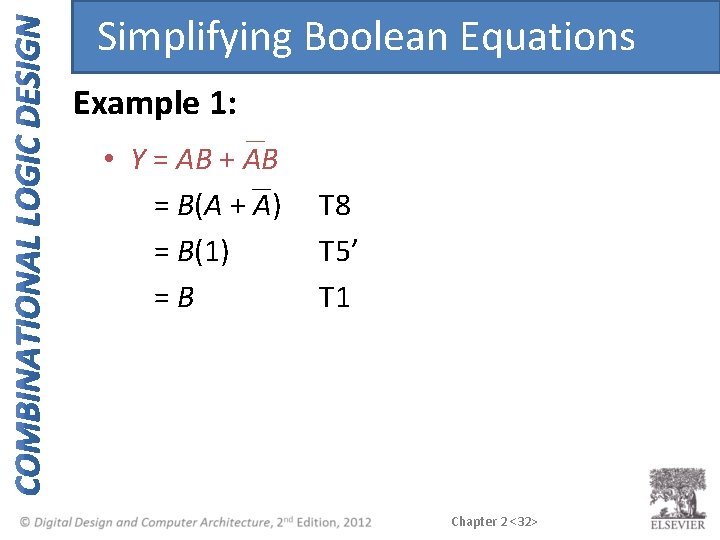 Simplifying Boolean Equations Example 1: • Y = AB + AB = B(A +