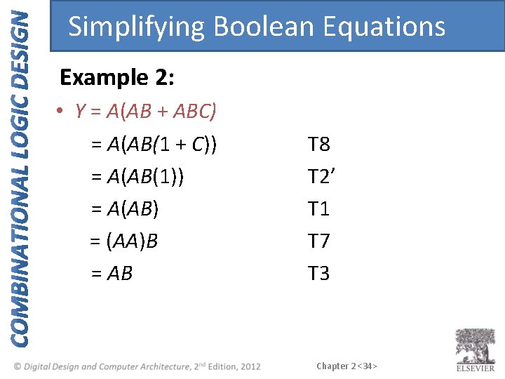 Simplifying Boolean Equations Example 2: • Y = A(AB + ABC) = A(AB(1 +