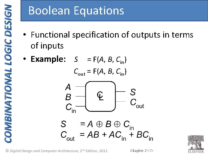 Boolean Equations • Functional specification of outputs in terms of inputs • Example: S