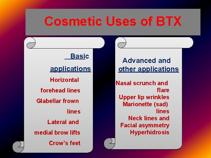 Cosmetic Uses of BTX Basic applications Horizontal forehead lines Glabellar frown lines Lateral and