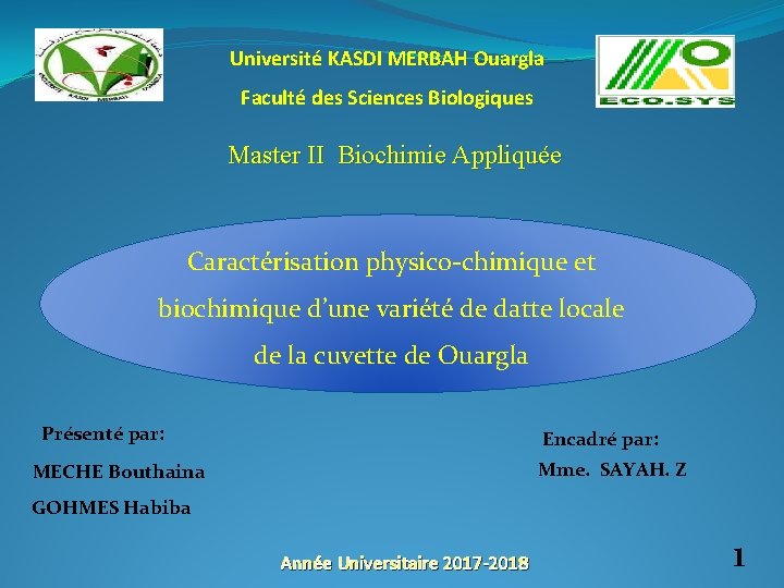 Université KASDI MERBAH Ouargla Faculté des Sciences Biologiques Master II Biochimie Appliquée Caractérisation physico-chimique