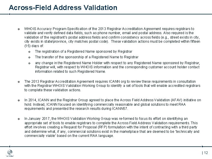 Across-Field Address Validation WHOIS Accuracy Program Specification of the 2013 Registrar Accreditation Agreement requires
