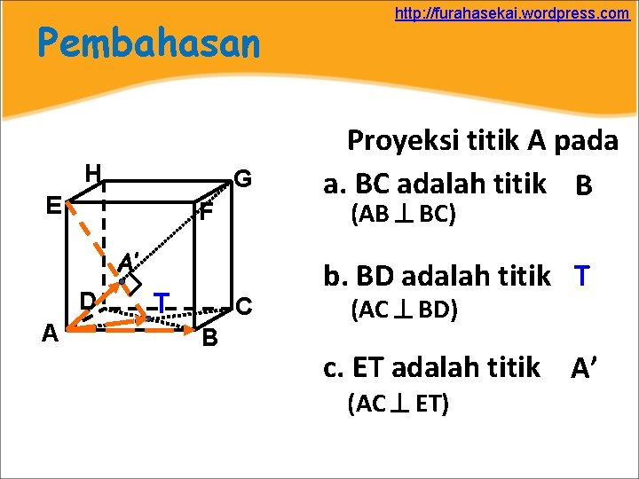 Pembahasan H G E A’ A T C B Proyeksi titik A pada a.