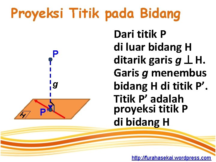 Proyeksi Titik pada Bidang P g H P’ Dari titik P di luar bidang