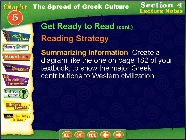 The Spread of Greek Culture Get Ready to Read (cont. ) Reading Strategy Summarizing
