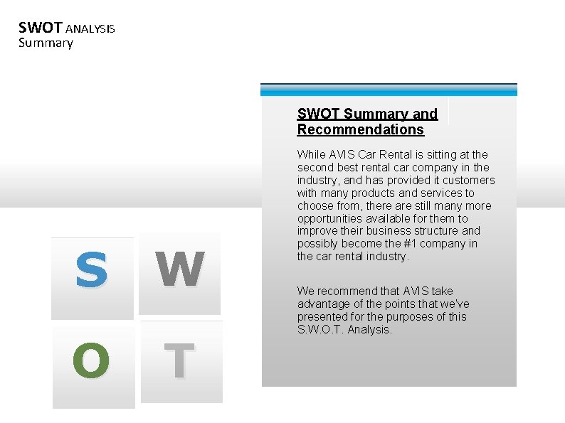 SWOT ANALYSIS Summary SWOT Summary and Recommendations S W O T While AVIS Car