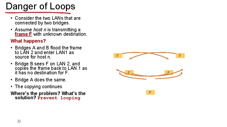 Danger of Loops • Consider the two LANs that are connected by two bridges.