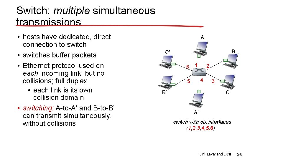 Switch: multiple simultaneous transmissions • hosts have dedicated, direct connection to switch • switches