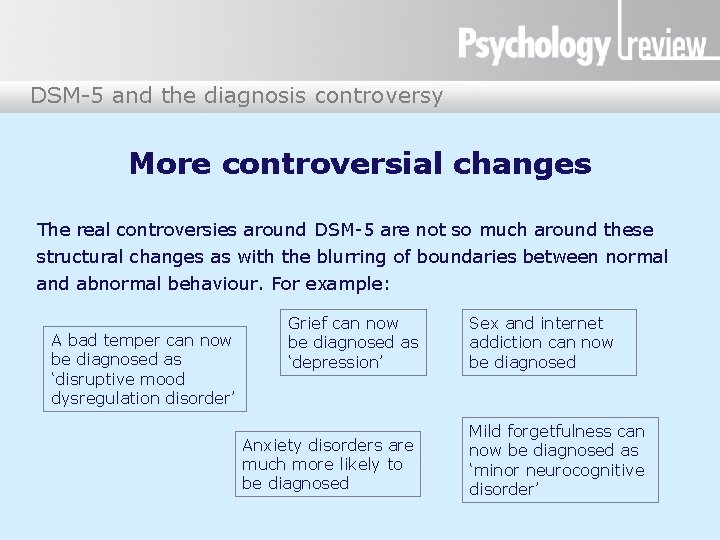 DSM-5 and the diagnosis controversy More controversial changes The real controversies around DSM-5 are