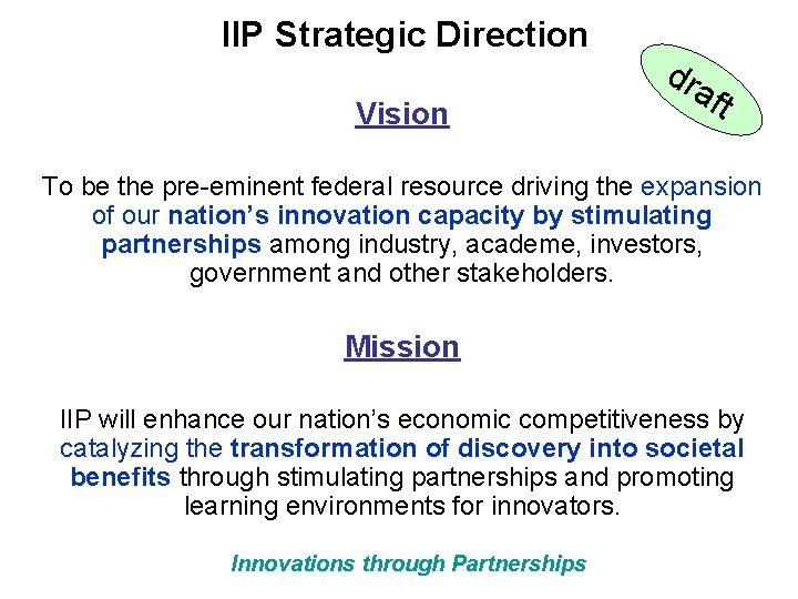 IIP Strategic Direction Vision dra ft To be the pre-eminent federal resource driving the