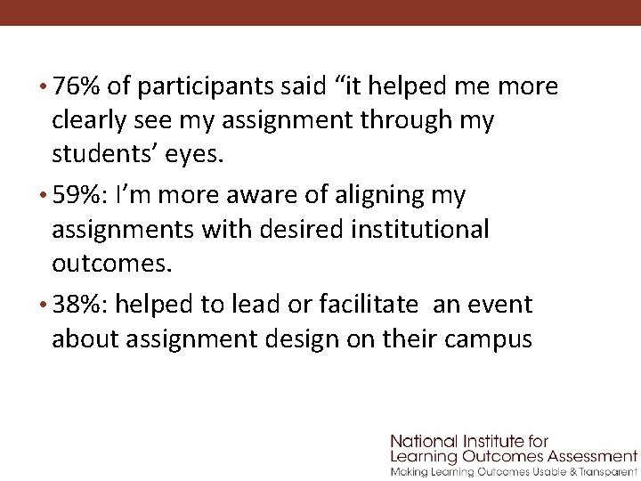  • 76% of participants said “it helped me more clearly see my assignment