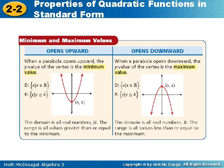 2 -2 Properties of Quadratic Functions in Standard Form Holt Mc. Dougal Algebra 2
