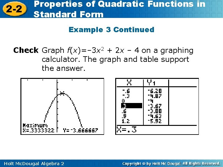 2 -2 Properties of Quadratic Functions in Standard Form Example 3 Continued Check Graph