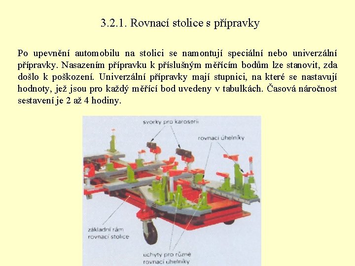 3. 2. 1. Rovnací stolice s přípravky Po upevnění automobilu na stolici se namontují