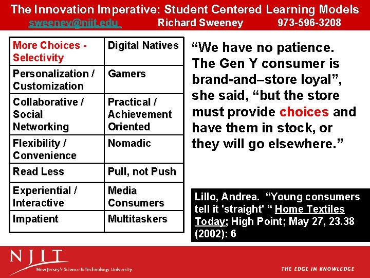 The Innovation Imperative: Student Centered Learning Models sweeney@njit. edu Richard Sweeney 973 -596 -3208 The Innovation Imperative: Student Centered Learning Models sweeney@njit. edu Richard Sweeney 973 -596 -3208