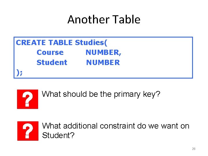 Another Table CREATE TABLE Studies( Course NUMBER, Student NUMBER ); What should be the