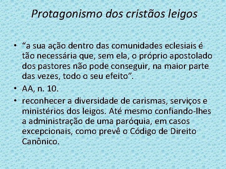 Protagonismo dos cristãos leigos • “a sua ação dentro das comunidades eclesiais é tão