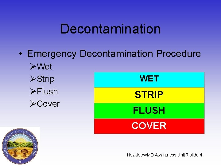 Decontamination • Emergency Decontamination Procedure ØWet ØStrip ØFlush ØCover WET STRIP FLUSH COVER Haz.