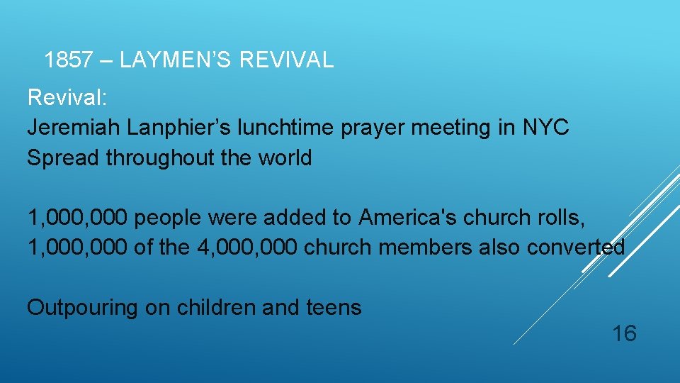 1857 – LAYMEN’S REVIVAL Revival: Jeremiah Lanphier’s lunchtime prayer meeting in NYC Spread 1857 – LAYMEN’S REVIVAL Revival: Jeremiah Lanphier’s lunchtime prayer meeting in NYC Spread