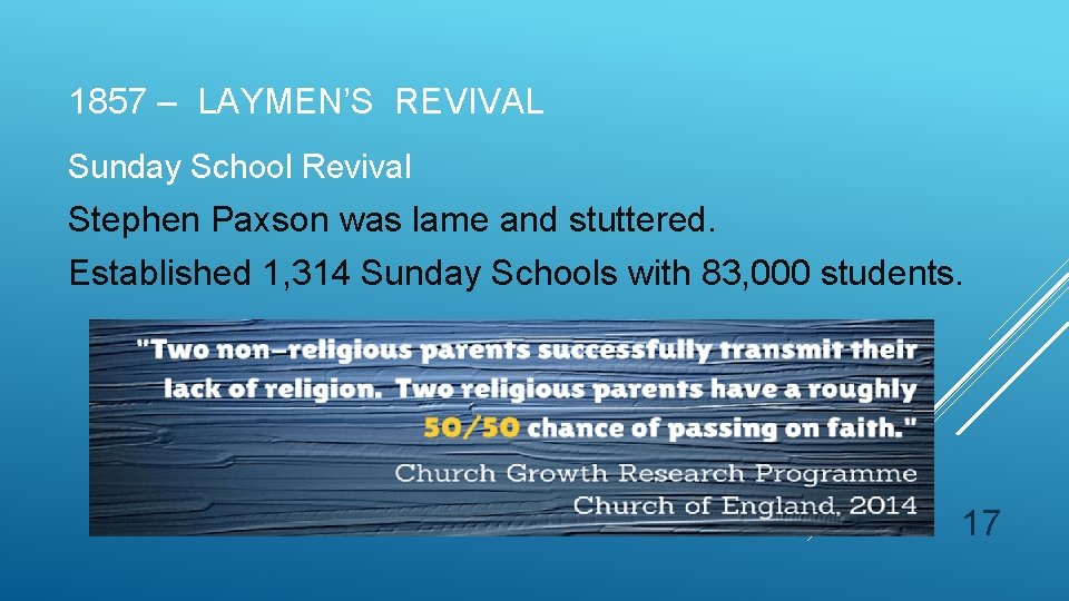 1857 – LAYMEN’S REVIVAL Sunday School Revival Stephen Paxson was lame and stuttered. Established 1857 – LAYMEN’S REVIVAL Sunday School Revival Stephen Paxson was lame and stuttered. Established
