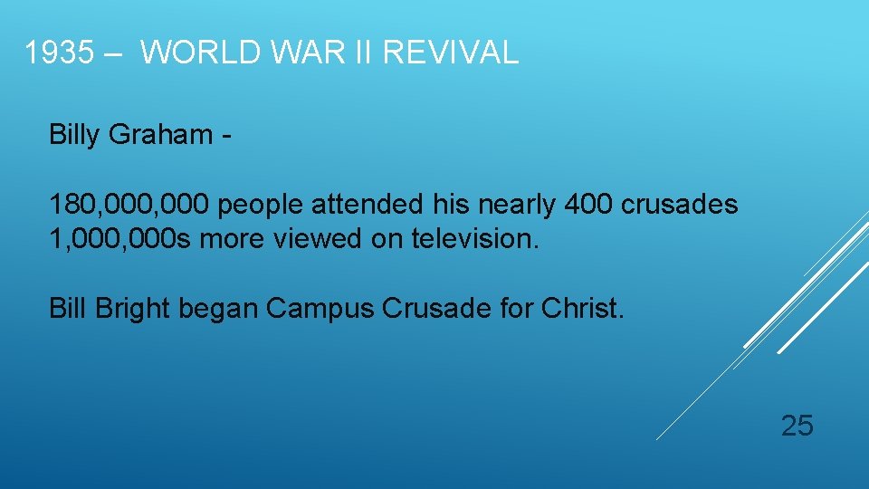 1935 – WORLD WAR II REVIVAL Billy Graham - 180, 000 people attended his 1935 – WORLD WAR II REVIVAL Billy Graham - 180, 000 people attended his