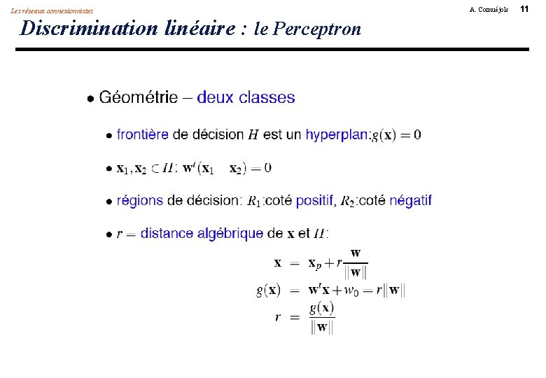 Les réseaux connexionnistes Discrimination linéaire : le Perceptron A. Cornuéjols 11 