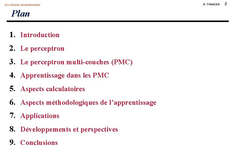 Les réseaux connexionnistes Plan 1. Introduction 2. Le perceptron 3. Le perceptron multi-couches (PMC)
