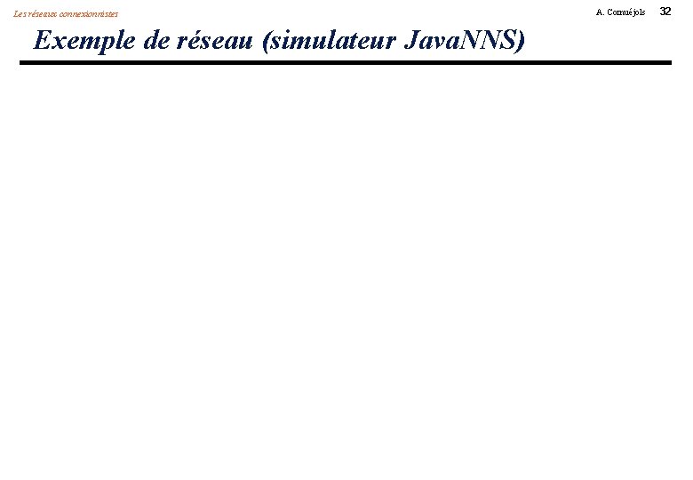 Les réseaux connexionnistes Exemple de réseau (simulateur Java. NNS) A. Cornuéjols 32 