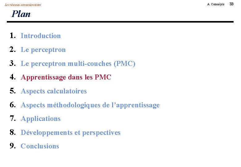 Les réseaux connexionnistes Plan 1. Introduction 2. Le perceptron 3. Le perceptron multi-couches (PMC)