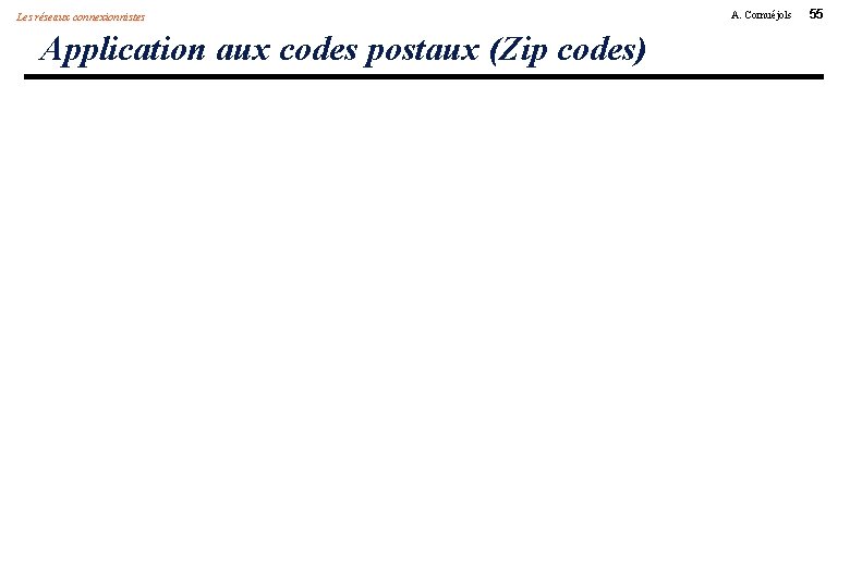 Les réseaux connexionnistes Application aux codes postaux (Zip codes) A. Cornuéjols 55 