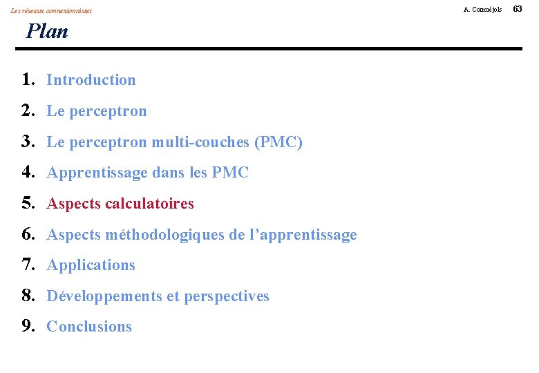 Les réseaux connexionnistes Plan 1. Introduction 2. Le perceptron 3. Le perceptron multi-couches (PMC)