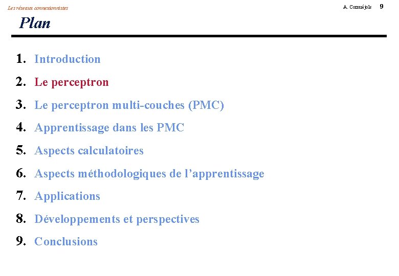 Les réseaux connexionnistes Plan 1. Introduction 2. Le perceptron 3. Le perceptron multi-couches (PMC)