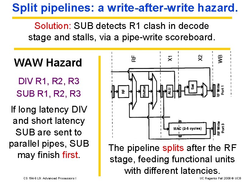 Split pipelines: a write-after-write hazard. Solution: SUB detects R 1 clash in decode stage