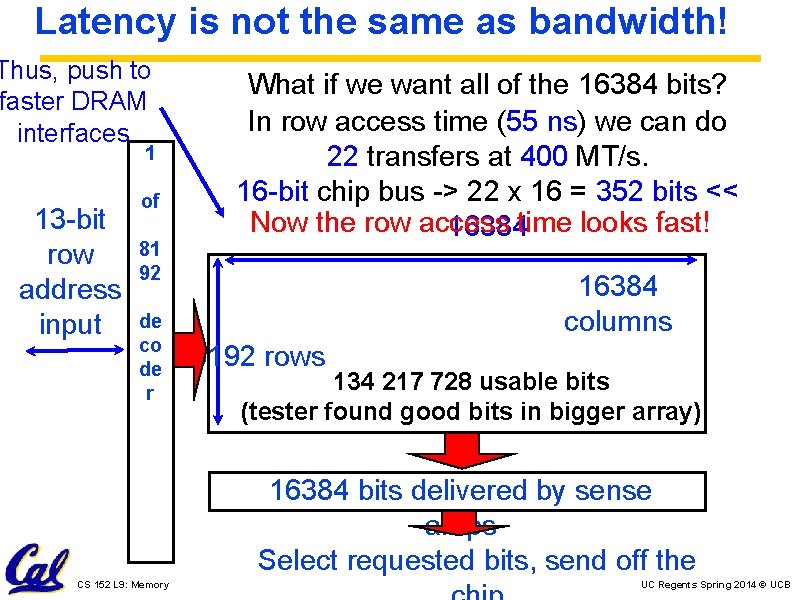 Latency is not the same as bandwidth! Thus, push to faster DRAM interfaces 1