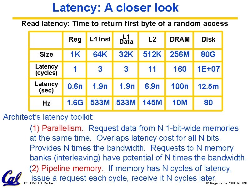 Latency: A closer look Read latency: Time to return first byte of a random