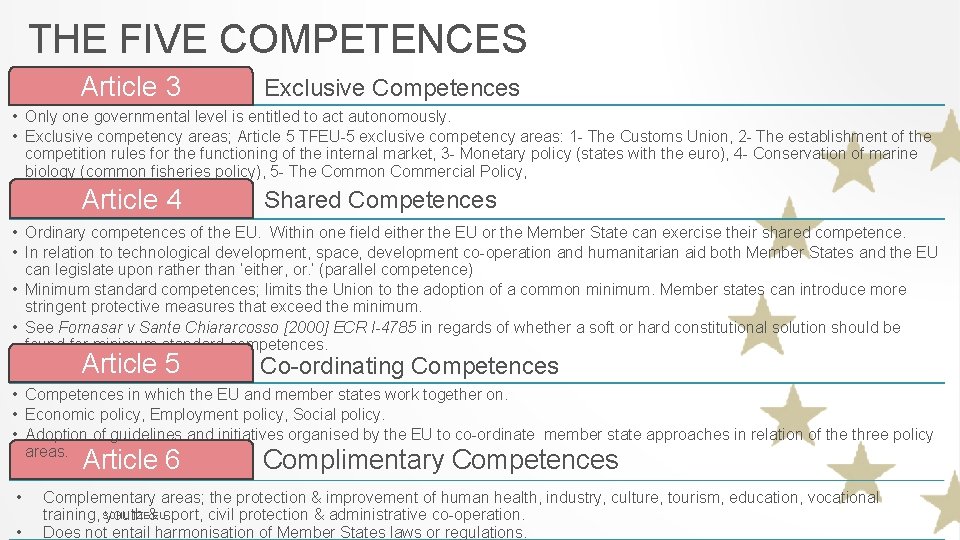 THE FIVE COMPETENCES Article 3 Exclusive Competences • Only one governmental level is entitled