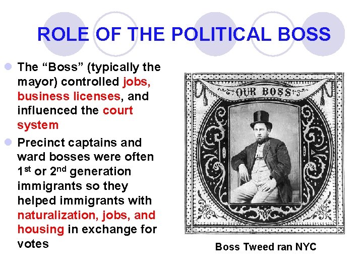 ROLE OF THE POLITICAL BOSS l The “Boss” (typically the mayor) controlled jobs, business