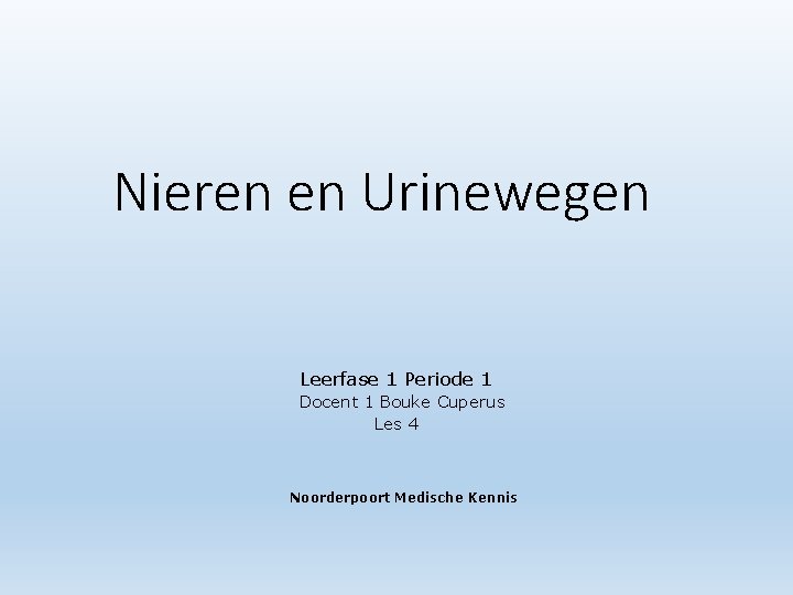 Nieren en Urinewegen Leerfase 1 Periode 1 Docent 1 Bouke Cuperus Les 4 Noorderpoort